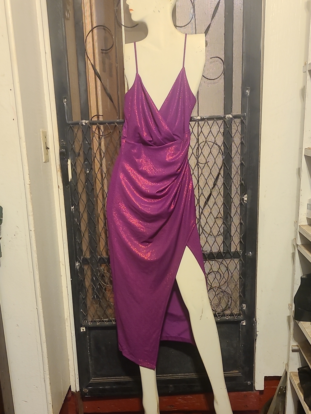Magenta Shimmery Purple Cowl-Front Midi Dress with Side Slit